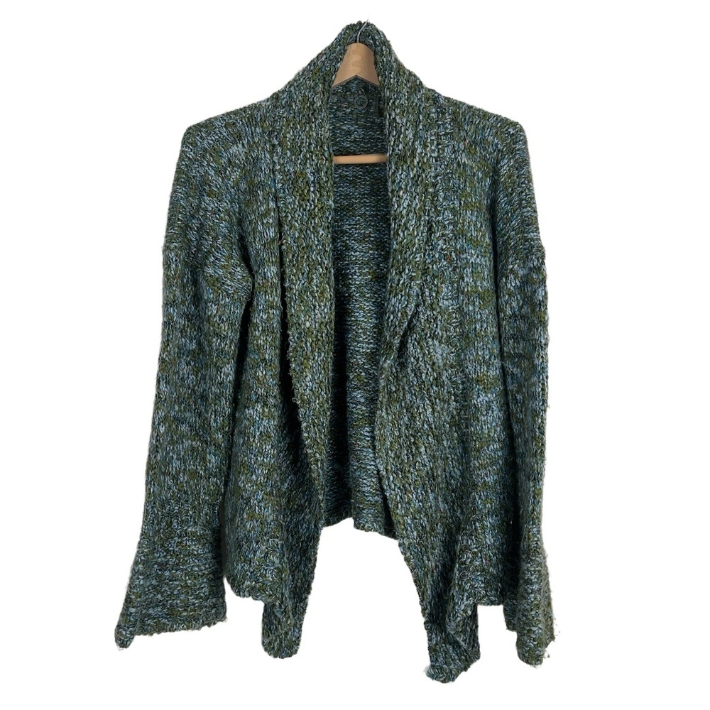 ONE GIRL WHO Cardigan Large‎ Blue Green Open Front Chunky Knit Boho Eclectic